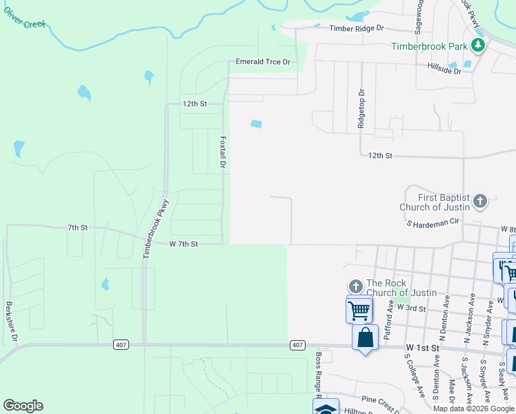 map of restaurants, bars, coffee shops, grocery stores, and more near 1400 West 7th Street in Justin
