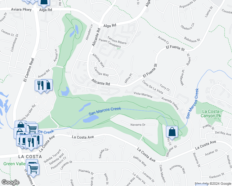 map of restaurants, bars, coffee shops, grocery stores, and more near 7490 Via De Fortuna in Carlsbad