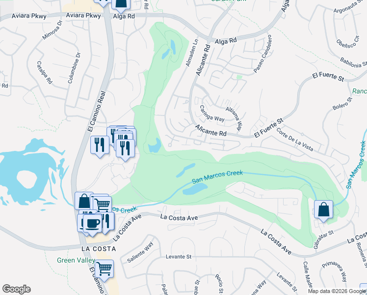 map of restaurants, bars, coffee shops, grocery stores, and more near 7353 Almaden Lane in Carlsbad