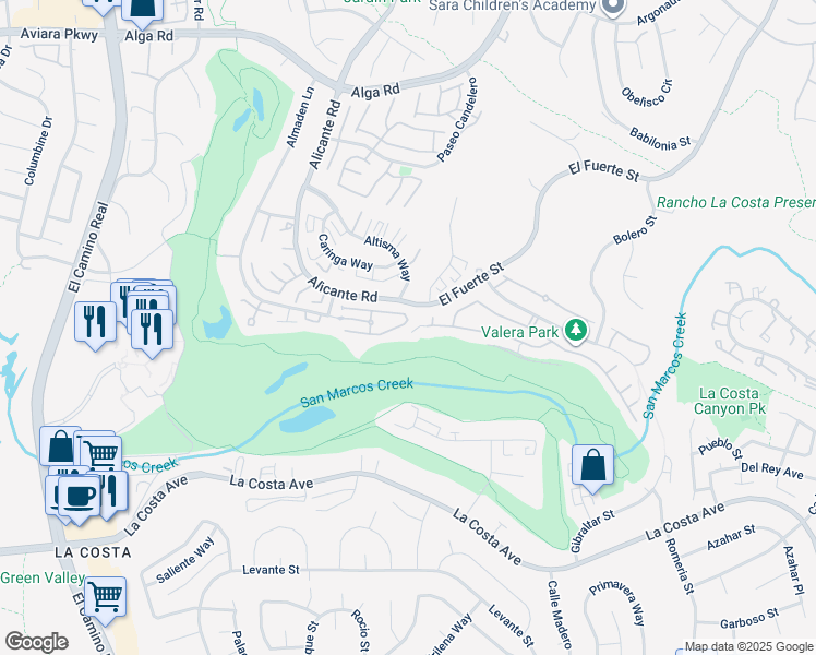 map of restaurants, bars, coffee shops, grocery stores, and more near 7487 Via De Fortuna in Carlsbad