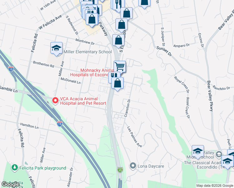 map of restaurants, bars, coffee shops, grocery stores, and more near 2326-2498 Centre City Parkway in Escondido