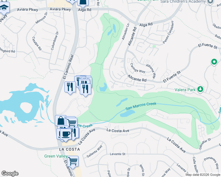 map of restaurants, bars, coffee shops, grocery stores, and more near 20 Greenview Drive in Carlsbad