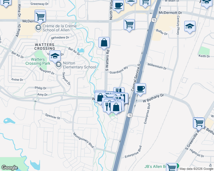 map of restaurants, bars, coffee shops, grocery stores, and more near 690 South Watters Road in Allen