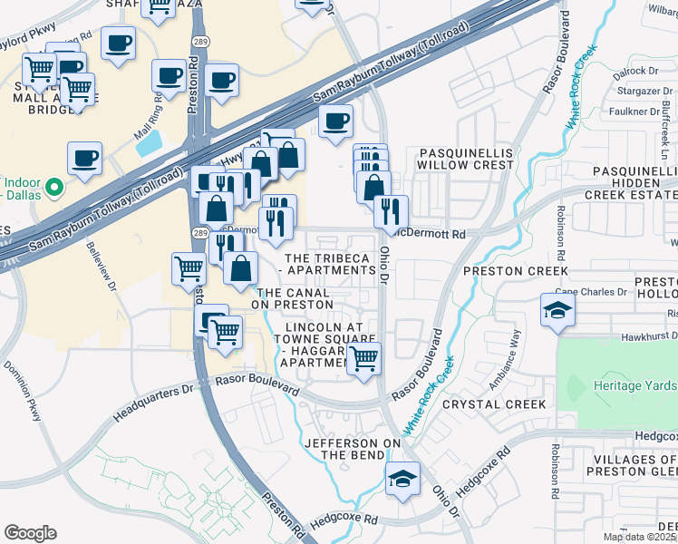 map of restaurants, bars, coffee shops, grocery stores, and more near 8401 Memorial Lane in Plano