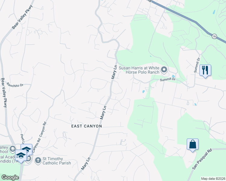 map of restaurants, bars, coffee shops, grocery stores, and more near 2692 Mary Lane in Escondido