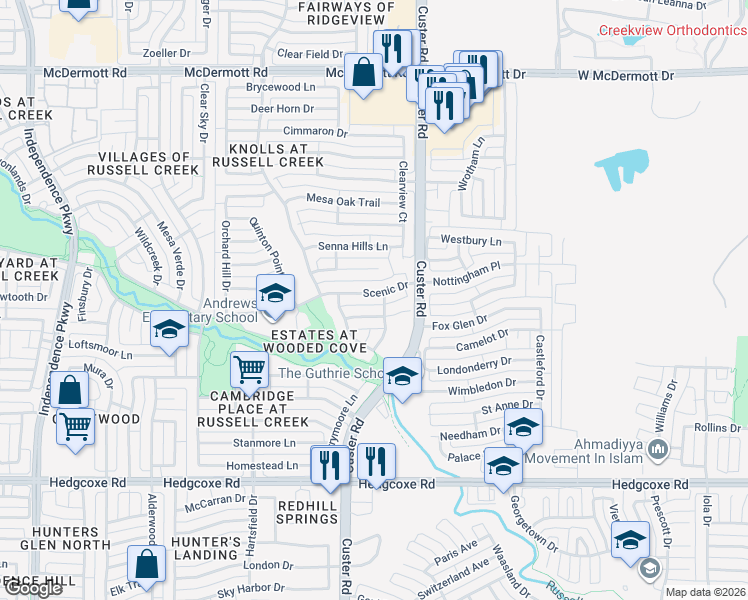 map of restaurants, bars, coffee shops, grocery stores, and more near 2217 Scenic Drive in Plano