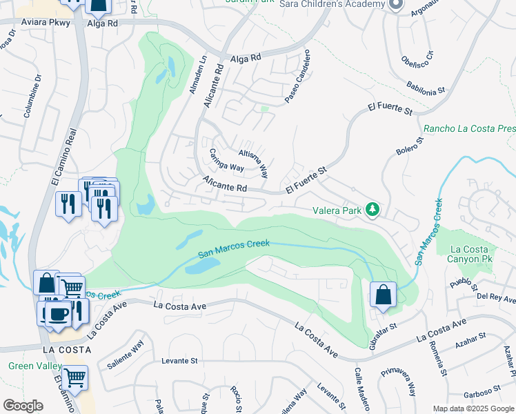 map of restaurants, bars, coffee shops, grocery stores, and more near 7487 Via De Fortuna in Carlsbad