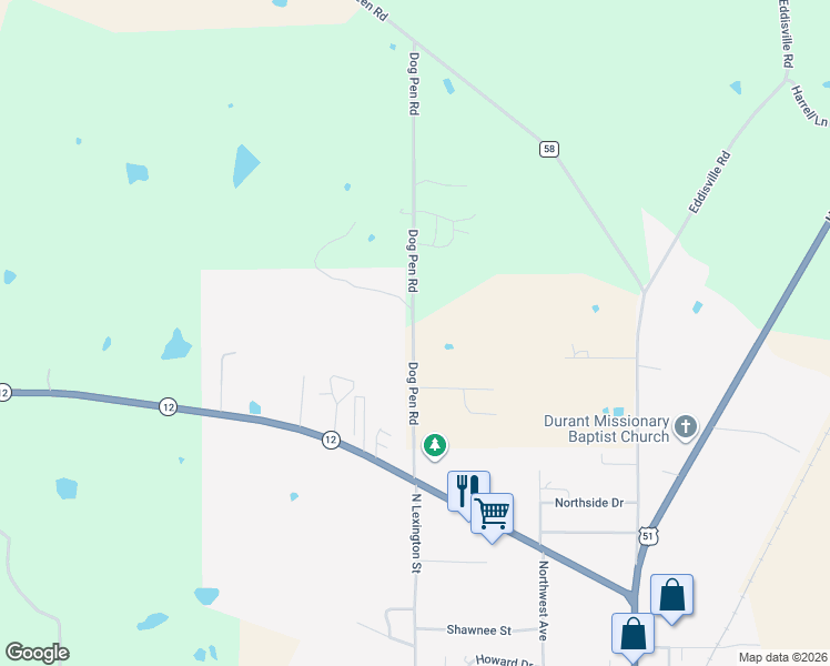 map of restaurants, bars, coffee shops, grocery stores, and more near 380 Dog Pen Road in Durant