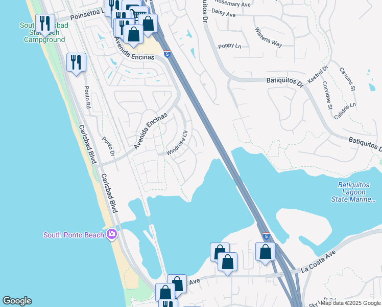 map of restaurants, bars, coffee shops, grocery stores, and more near 7521 Navigator Circle in Carlsbad
