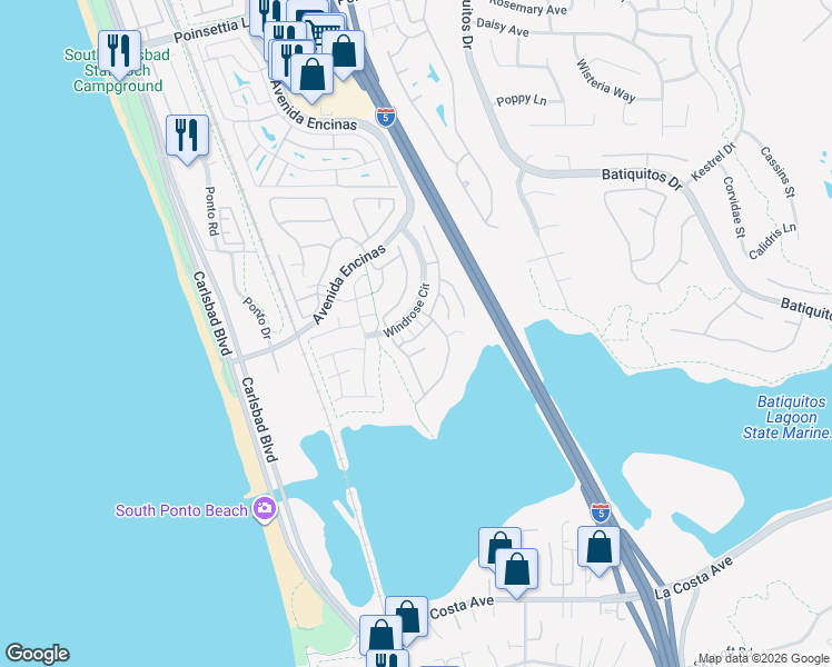 map of restaurants, bars, coffee shops, grocery stores, and more near 7468 Capstan Drive in Carlsbad