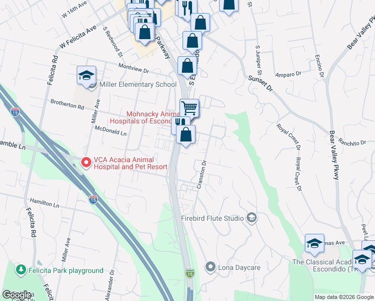 map of restaurants, bars, coffee shops, grocery stores, and more near 2326-2498 Centre City Parkway in Escondido