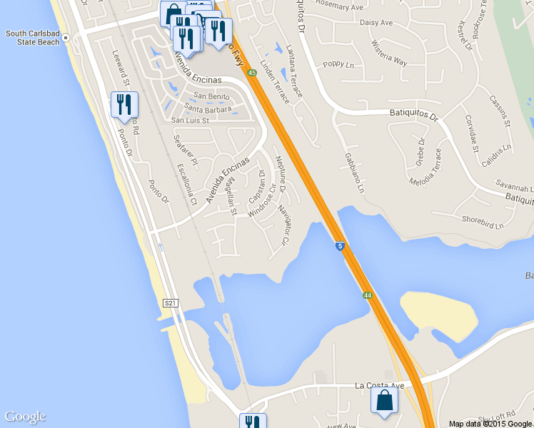 map of restaurants, bars, coffee shops, grocery stores, and more near 7468 Capstan Drive in Carlsbad
