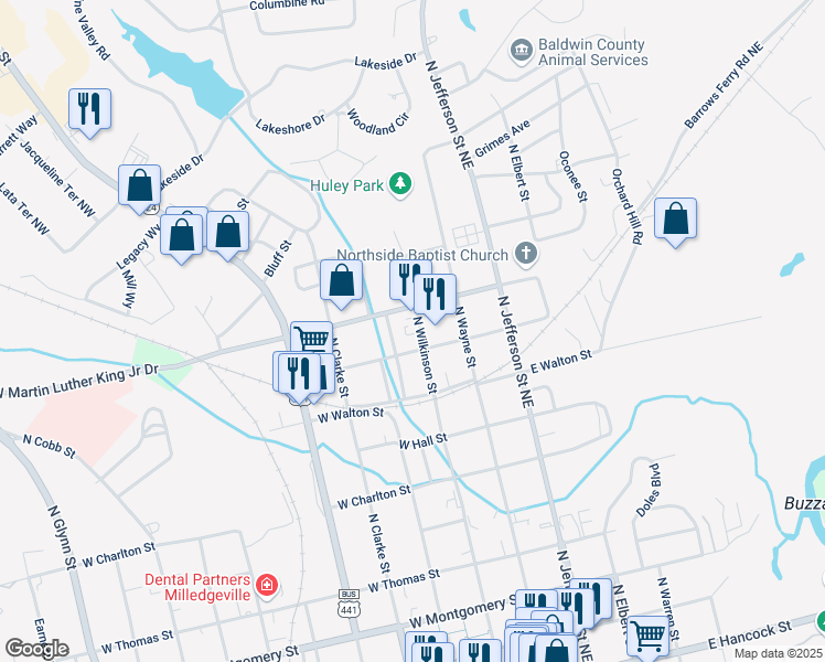 map of restaurants, bars, coffee shops, grocery stores, and more near 931 North Wilkinson Street in Milledgeville