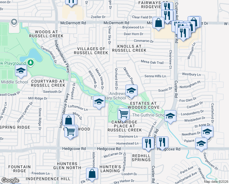 map of restaurants, bars, coffee shops, grocery stores, and more near 8416 High Meadows Drive in Plano