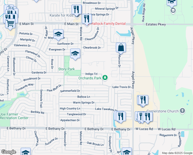 map of restaurants, bars, coffee shops, grocery stores, and more near 1626 Indigo Trail in Allen