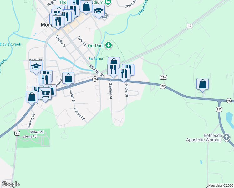 map of restaurants, bars, coffee shops, grocery stores, and more near 185 Gardner Street in Montevallo