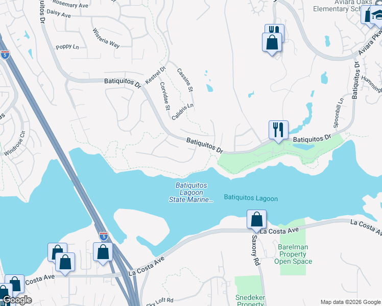 map of restaurants, bars, coffee shops, grocery stores, and more near 1353 Mallard Court in Carlsbad