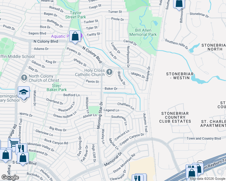 map of restaurants, bars, coffee shops, grocery stores, and more near 5821 Baker Drive in The Colony