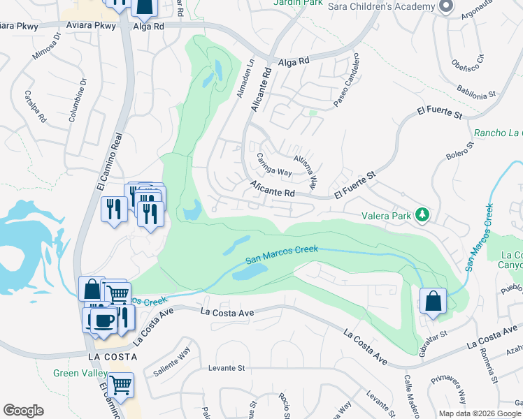 map of restaurants, bars, coffee shops, grocery stores, and more near 7381 Almaden Lane in Carlsbad