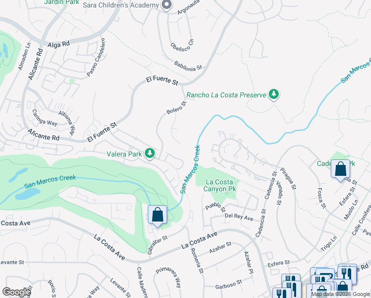 map of restaurants, bars, coffee shops, grocery stores, and more near 2922 Managua Place in Carlsbad