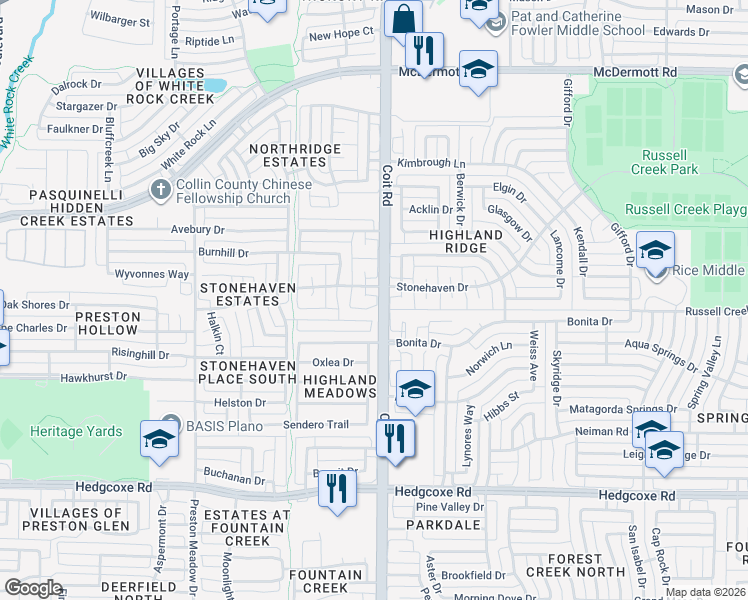 map of restaurants, bars, coffee shops, grocery stores, and more near 8407 Bridgend Court in Plano