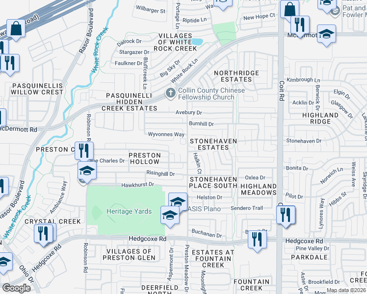 map of restaurants, bars, coffee shops, grocery stores, and more near 8504 Severn Court in Plano
