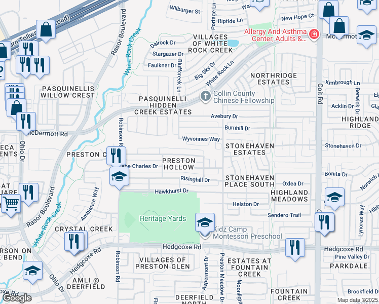map of restaurants, bars, coffee shops, grocery stores, and more near 4527 Oak Shores Drive in Plano