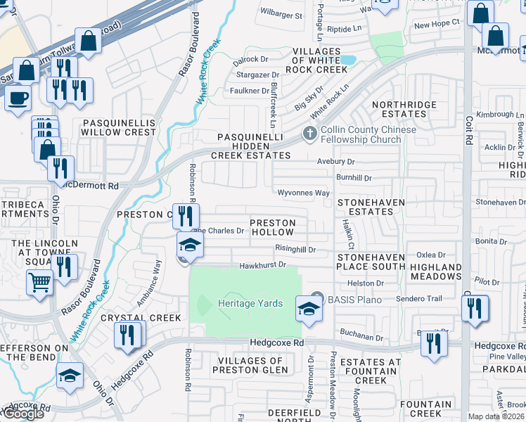 map of restaurants, bars, coffee shops, grocery stores, and more near 4543 Oak Shores Drive in Plano
