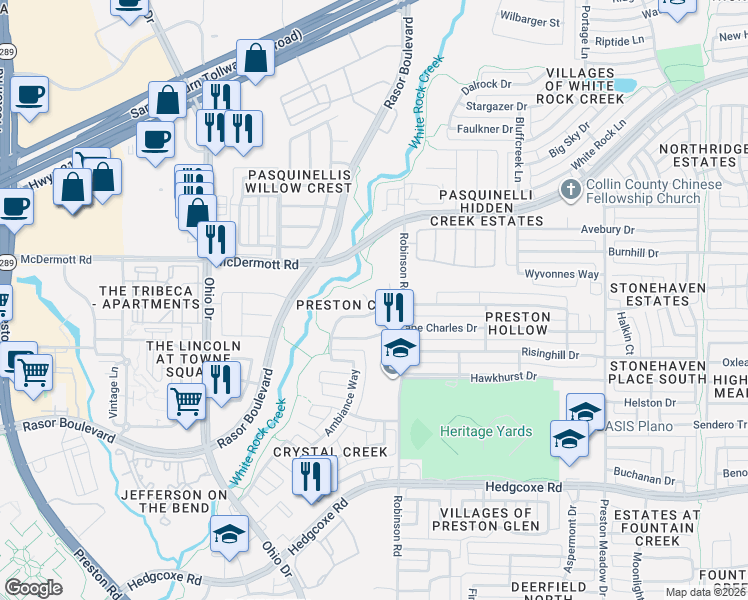 map of restaurants, bars, coffee shops, grocery stores, and more near 8505 Trelady Court in Plano