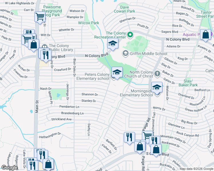 map of restaurants, bars, coffee shops, grocery stores, and more near 5096 Thompson Drive in The Colony