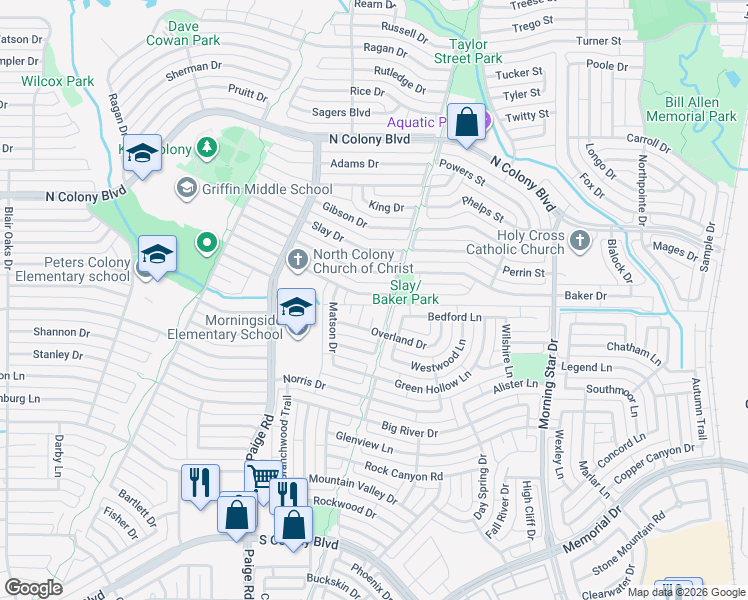 map of restaurants, bars, coffee shops, grocery stores, and more near 5532 Gates Drive in The Colony