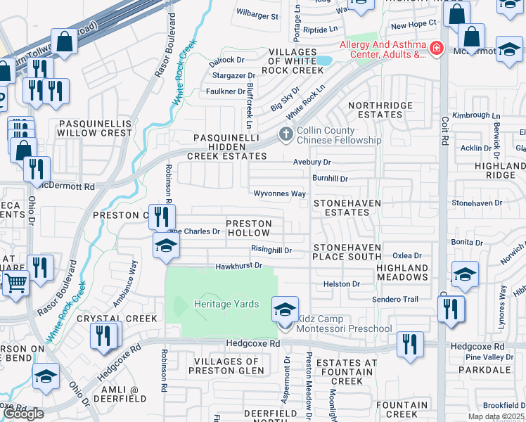 map of restaurants, bars, coffee shops, grocery stores, and more near 4527 Oak Shores Drive in Plano