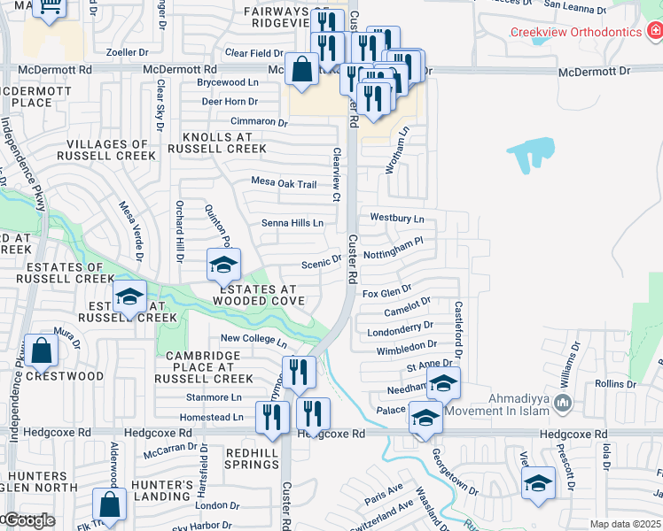 map of restaurants, bars, coffee shops, grocery stores, and more near 2208 Scenic Drive in Plano