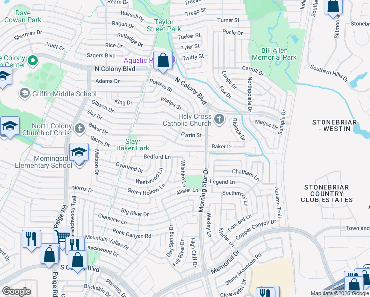 map of restaurants, bars, coffee shops, grocery stores, and more near 5724 Baker Drive in The Colony