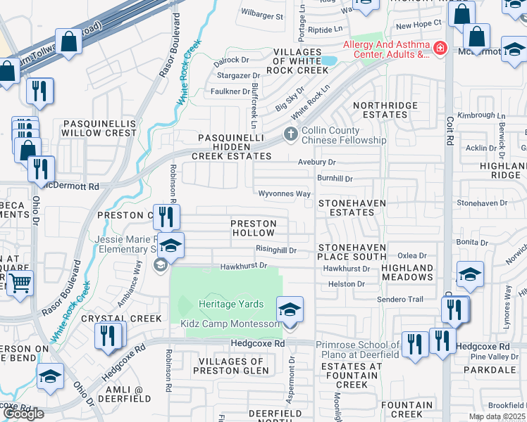 map of restaurants, bars, coffee shops, grocery stores, and more near 4527 Oak Shores Drive in Plano
