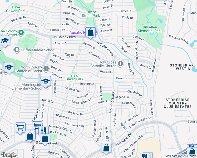 map of restaurants, bars, coffee shops, grocery stores, and more near 5724 Baker Drive in The Colony