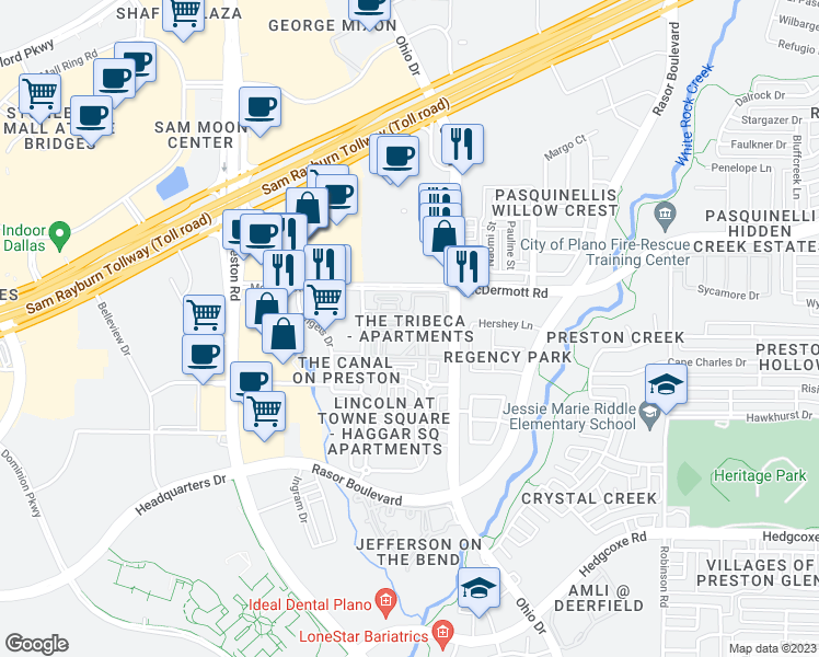 map of restaurants, bars, coffee shops, grocery stores, and more near 8401 Memorial Lane in Plano