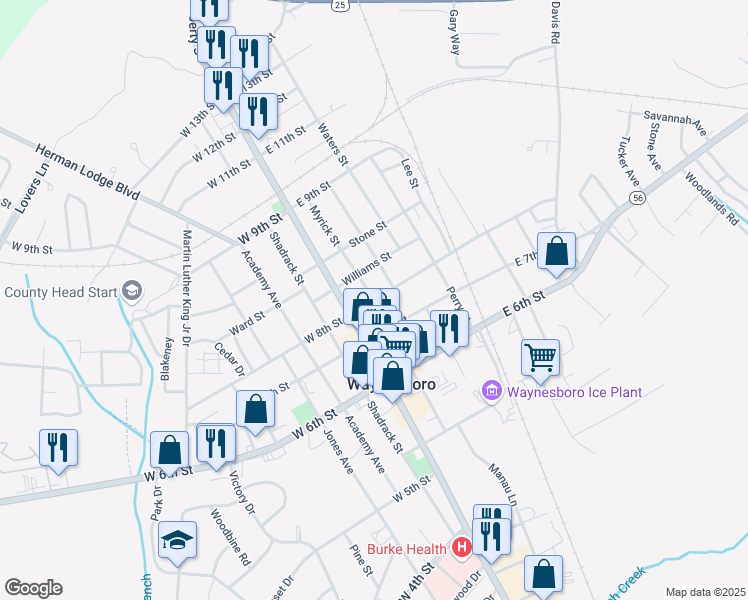 map of restaurants, bars, coffee shops, grocery stores, and more near Myrick Street in Waynesboro