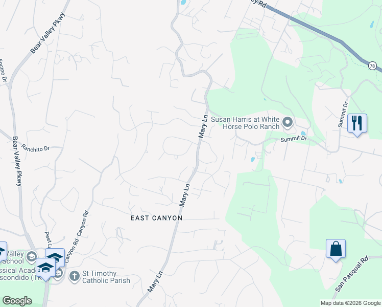 map of restaurants, bars, coffee shops, grocery stores, and more near 2692 Mary Lane in Escondido