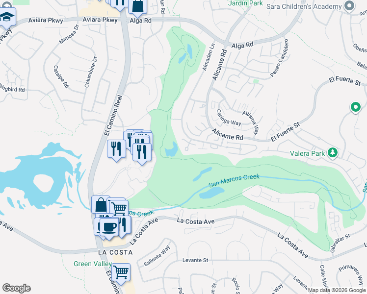 map of restaurants, bars, coffee shops, grocery stores, and more near 20 Greenview Drive in Carlsbad