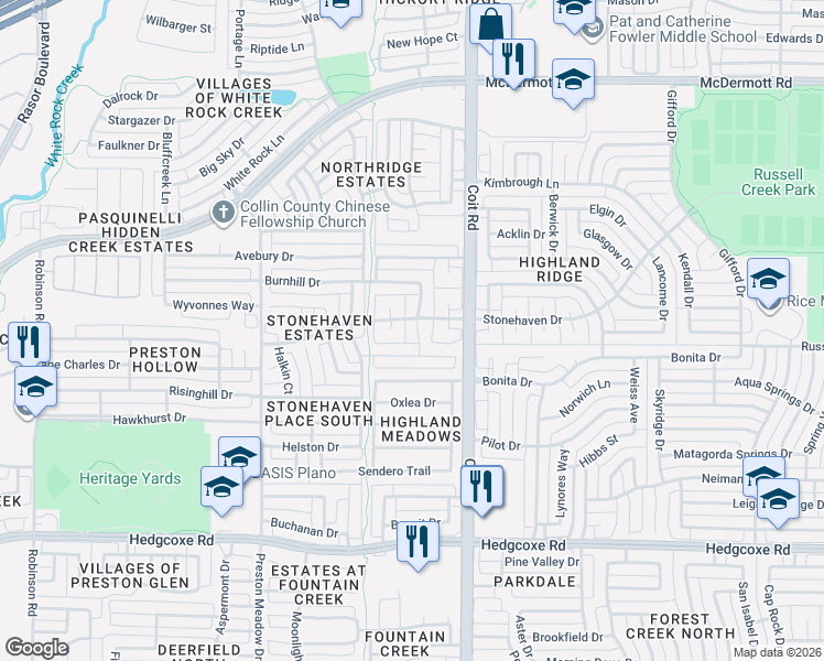 map of restaurants, bars, coffee shops, grocery stores, and more near 8413 Wareham Drive in Plano