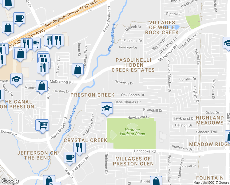 map of restaurants, bars, coffee shops, grocery stores, and more near 4567 Oak Shores Drive in Plano