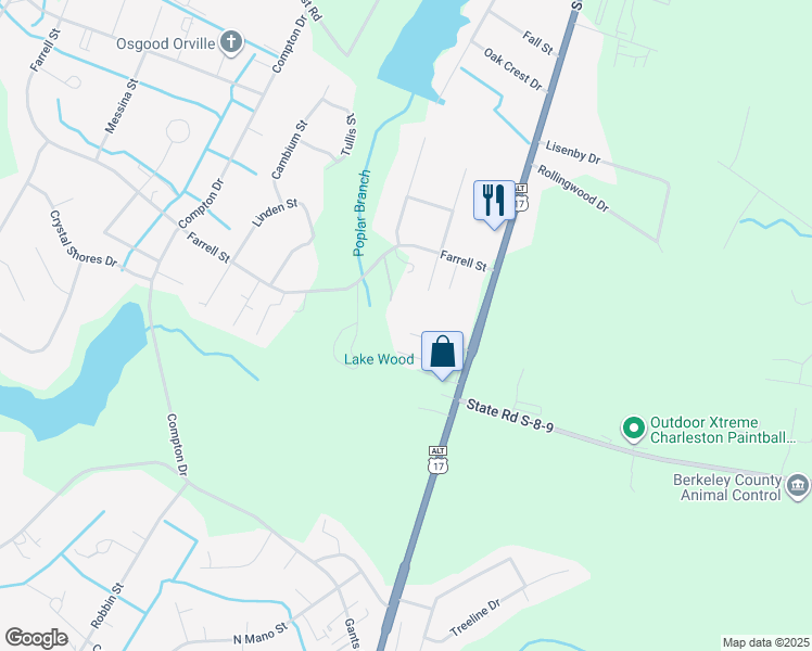 map of restaurants, bars, coffee shops, grocery stores, and more near 114 Minnie Court in Moncks Corner
