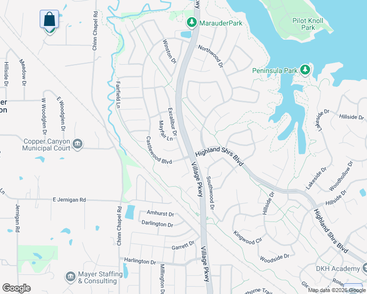 map of restaurants, bars, coffee shops, grocery stores, and more near 904 Excalibur Drive in Highland Village