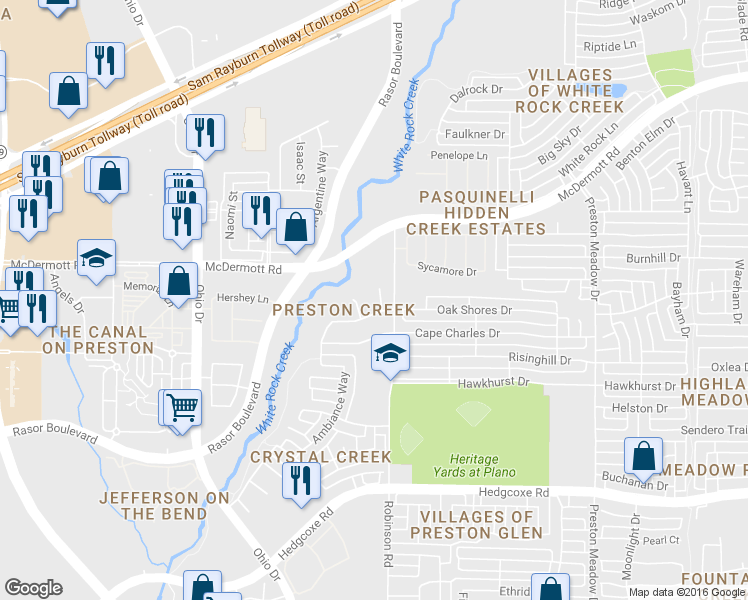 map of restaurants, bars, coffee shops, grocery stores, and more near 8505 Trelady Court in Plano