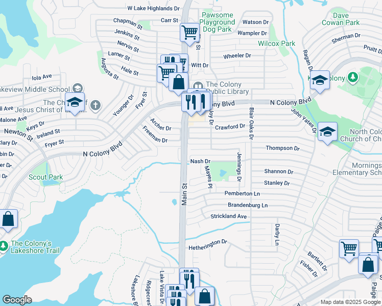 map of restaurants, bars, coffee shops, grocery stores, and more near 4700 Jennings Drive in The Colony