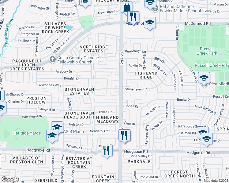 map of restaurants, bars, coffee shops, grocery stores, and more near 8407 Bridgend Court in Plano