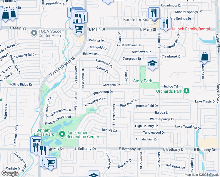 map of restaurants, bars, coffee shops, grocery stores, and more near 6 Kingpalm Drive in Allen