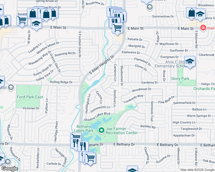 map of restaurants, bars, coffee shops, grocery stores, and more near 1207 Cameron Lane in Allen