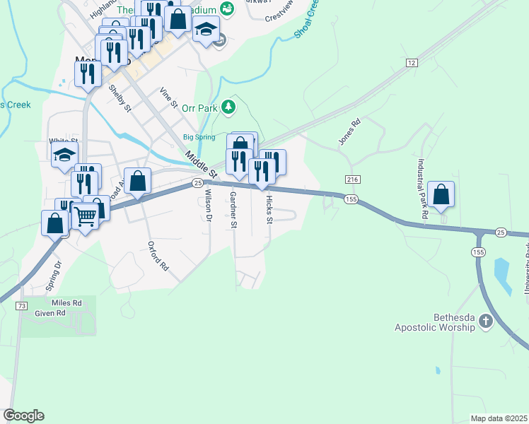 map of restaurants, bars, coffee shops, grocery stores, and more near 210 Hicks Street in Montevallo